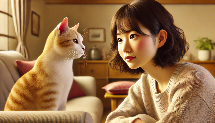 猫と向き合う若いショートカットの女性