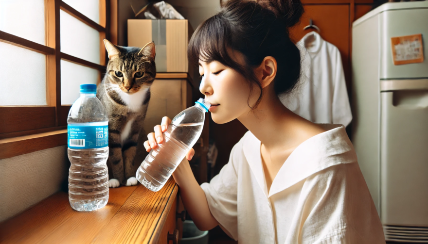 水道水をペットボトルで飲む女性とそれを見つめる猫