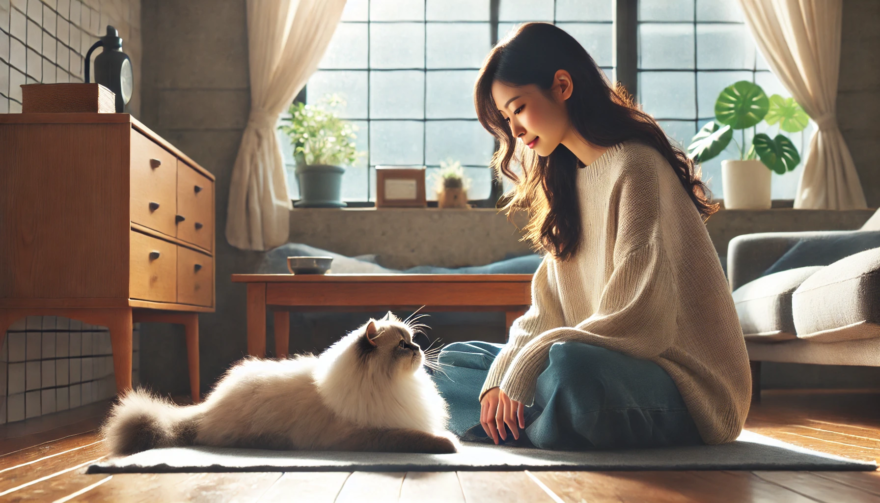 猫と目を合わせる女性