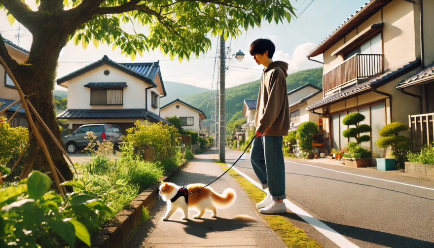 猫を散歩させている人